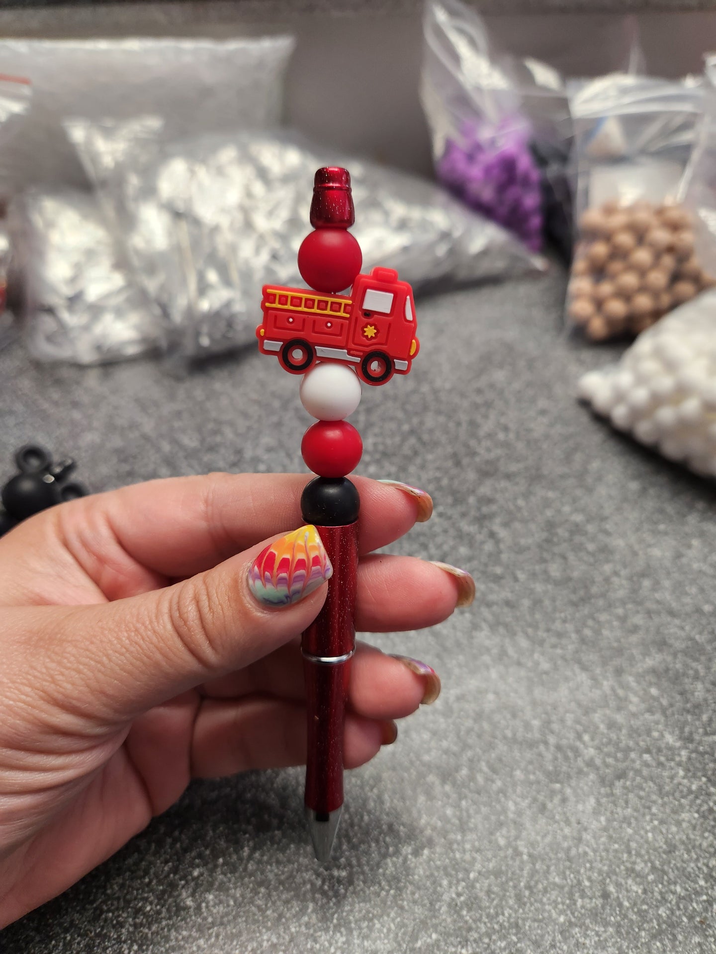 Fire Truck Silicone Beaded Pen or Keychain