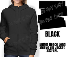 Load image into Gallery viewer, SOLID BLACK - BUTTER FLEECE LONG SLEEVE ZIP HOODIES