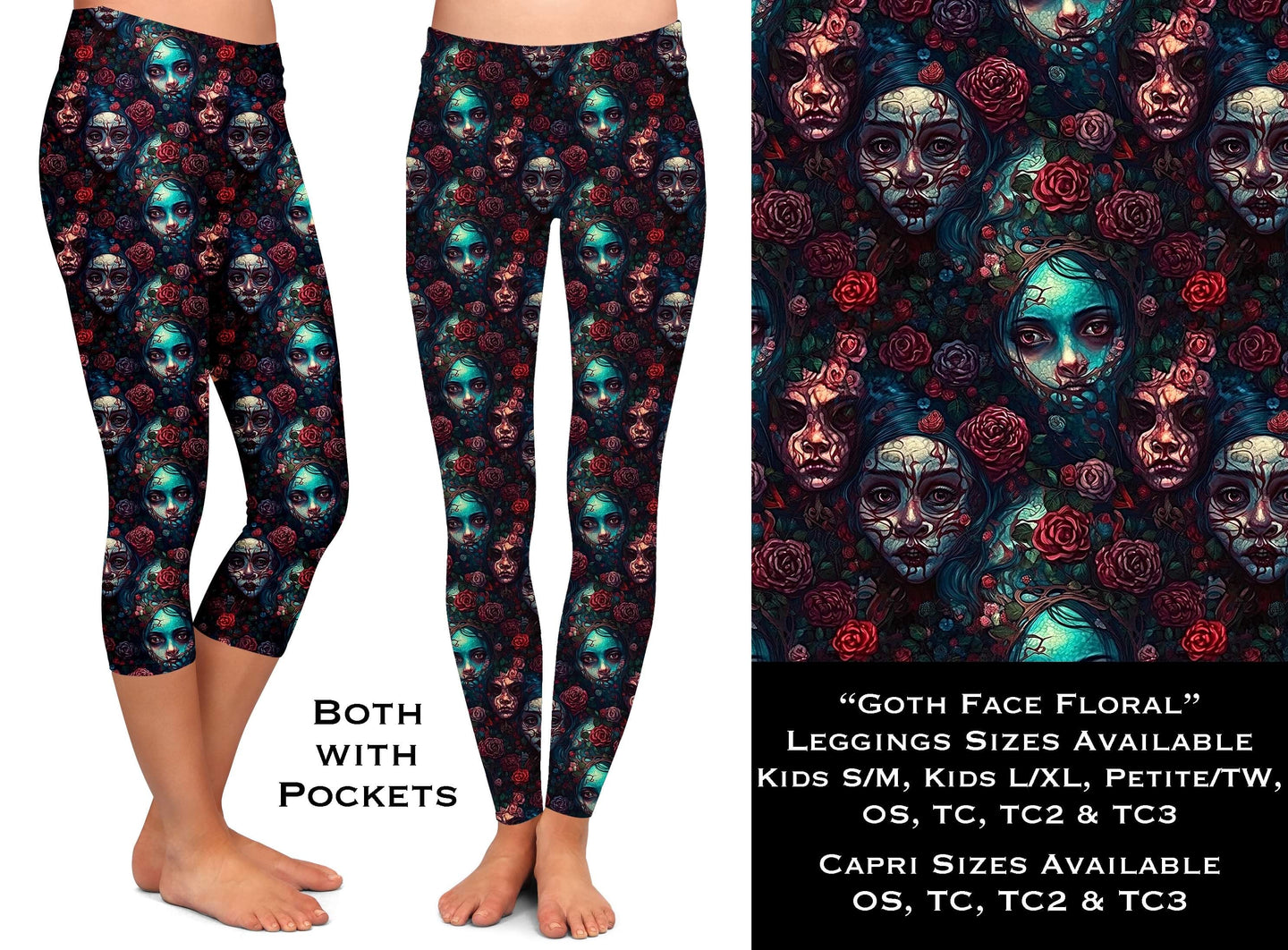 Goth Face Floral Leggings & Capris with Pockets