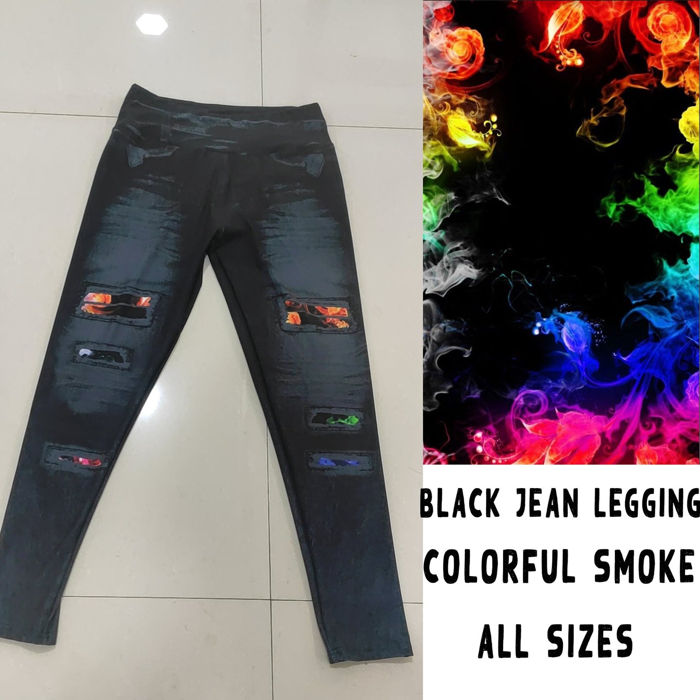 BLACK JEAN LEGGINGS- COLORFUL SMOKE
