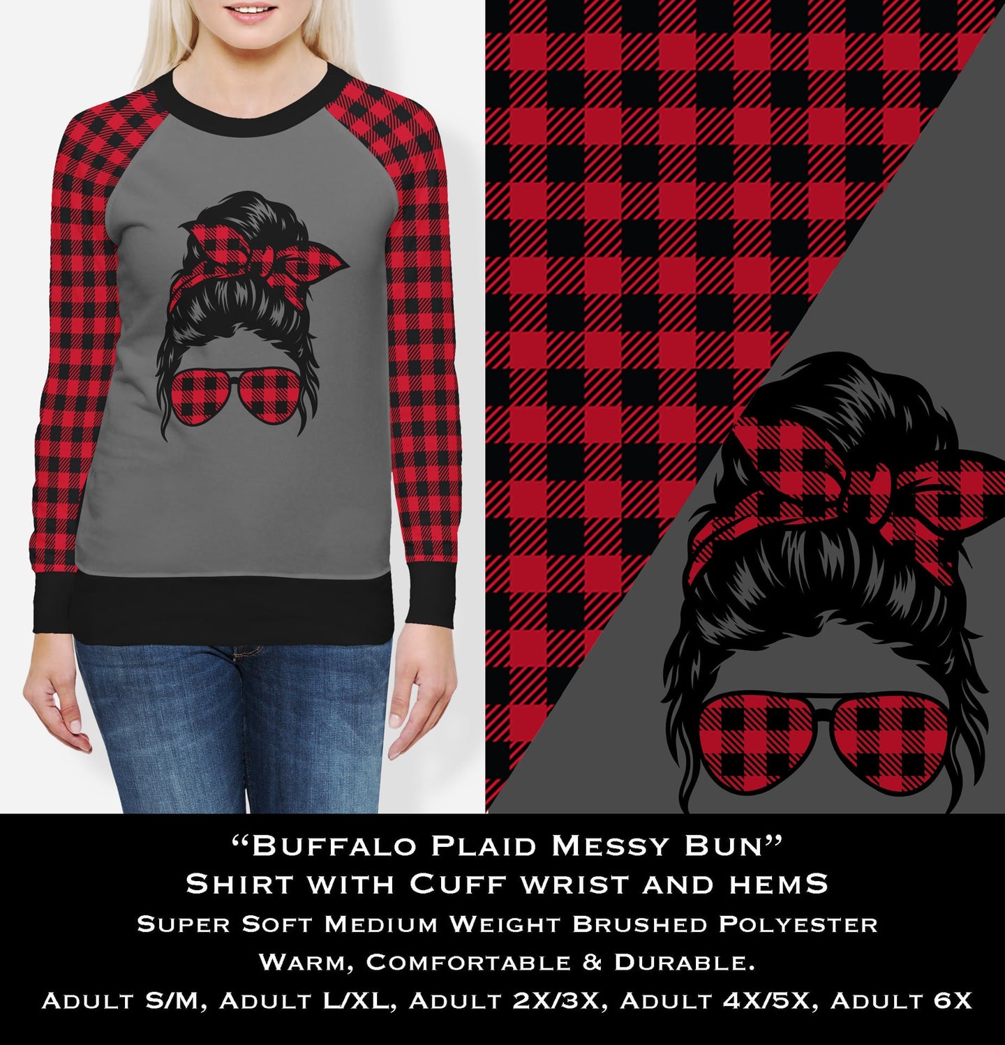 B105 - Buffalo Plaid Messy Bun Cozy Comfort Sweatshirt - Preorder Closes 10/31