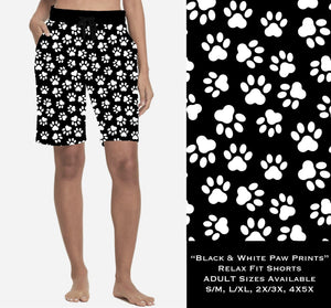 B112 - Black & White Paw Prints Relaxed Fit Shorts