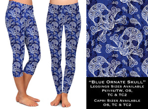 Blue Ornate Skulls - Leggings & Capri